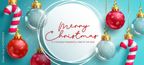 Christmas vector template design. Merry christmas greeting text in circle space with colorful and shiny xmas balls and candy cane for holiday season messages. Vector illustration.
