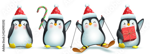 Penguin christmas characters vector set. Penguin 3d character in cute and friendly face with santa hat, gift and skate elements for xmas collection design. Vector illustration.
