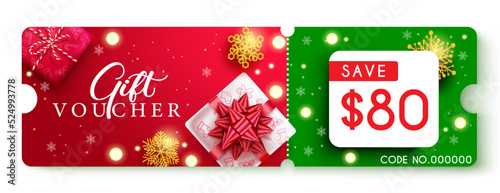 Christmas gift voucher vector design. Christmas gift voucher save $80 text with gifts and snowflakes element for holiday season certificate discount. Vector illustration.
