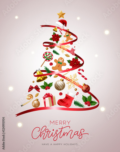 Christmas tree vector concept design. Christmas tree symbol in red lasso shape with gift, candy cane, and ornaments decoration for xmas season greeting card. Vector illustration 