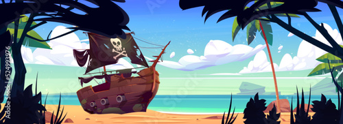 Pirate ship on tropical island sea beach with palm trees and vines. Old filibuster boat with black sails and jolly roger skull stuck in sand, scene for adventure game, Cartoon vector illustration