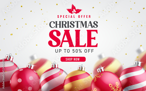 Christmas sale vector banner design. Christmas sale special offer text in price promo discount with xmas balls elements for holiday shopping ads. Vector illustration.
