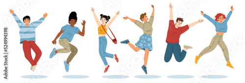 Happy people jump with raised arms, cheerful characters feel positive emotions, rejoice, celebrate victory or success. Laughing teenagers, millenial personages, Line art flat vector illustration