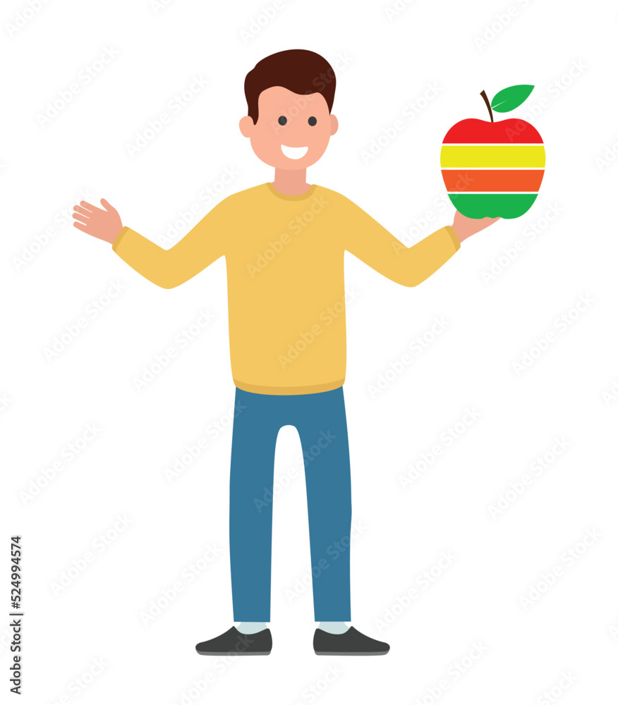 cartoon person man keep colored apple