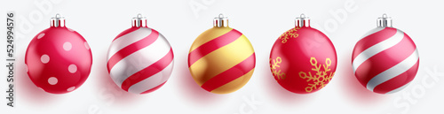 Christmas balls vector set design. Christmas decoration ball with stripe, circle and snowflakes pattern in red, white and gold colors for 3d xmas collection. Vector illustration.
