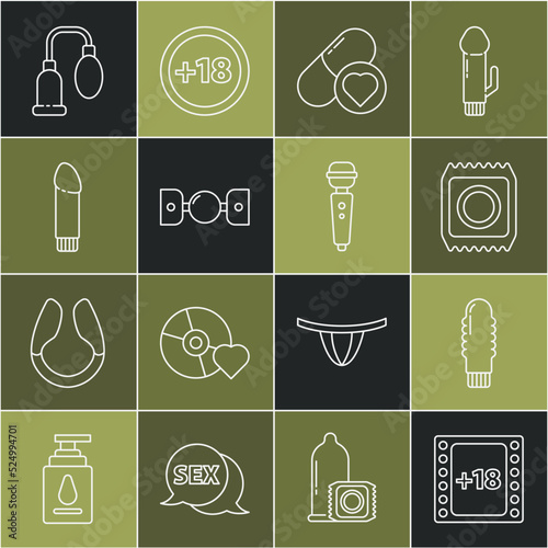 Set line Play Video with 18 plus content, Dildo vibrator, Condom in package safe sex, Pills for potency, aphrodisiac, Silicone ball gag belt, Penis pump and icon. Vector
