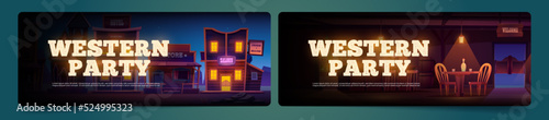 Western party cartoon banners, cowboy saloon building facade and interior with alcohol drinks stand on wooden old style table. Invitation to Wild west tavern, retro pub or bar Vector promotional flyer