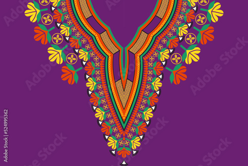 Vector african dashiki colorful purple background neckline flower embroidery pattern. African tribal art shirts fashion.