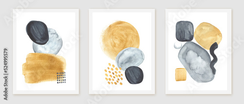 Wall art collage composition.  Design with geometric forms, strokes, circles. Beige, grey, white, golden colors.