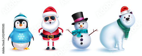 Christmas character vector set design. Santa claus, penguin, polar bear and snowman characters isolated in white background for xmas holiday season collection. Vector illustration.
