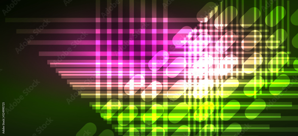 Background neon glowing lines and geometric shapes. Lights in the dark wallpaper for concept of AI technology, blockchain, digital, communication, 5G, science Background neon glowing lines and geometric shapes. Lights in the dark wallpaper for concept of AI technology, blockchain, digital, communication, 5G, science