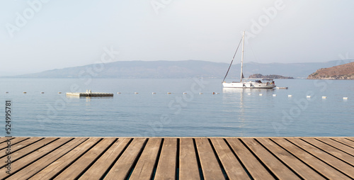 Empty wooden platform on yachts and motor boat in marina port, Aspat Marina. Front view © bahadirbermekphoto