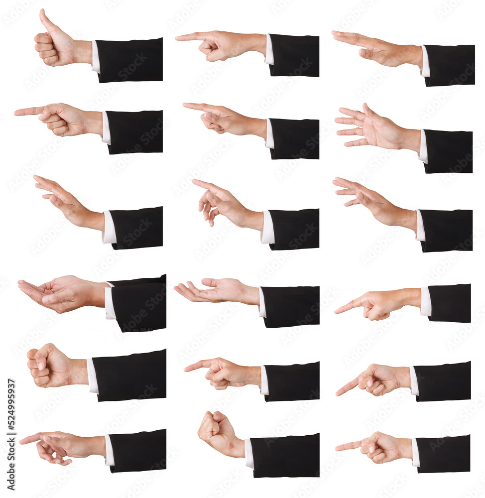 Obraz premium Group of Asian Male Hand on gray Background in studio Taking With Studio Light.