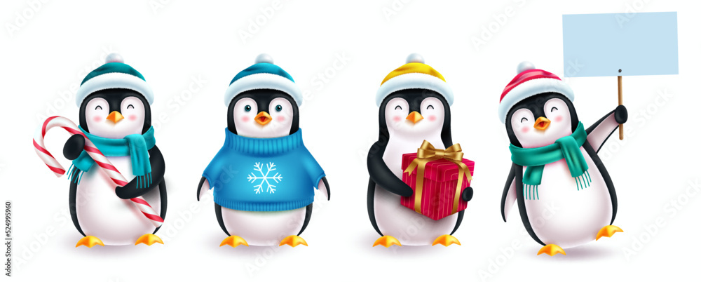 Christmas penguin characters vector set. 3d penguin character with hat, sweater, placard and gift elements isolated in white background for xmas collection design. Vector illustration.
 - obrazy, fototapety, plakaty 