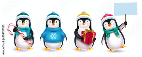 Christmas penguin characters vector set. 3d penguin character with hat, sweater, placard and gift elements isolated in white background for xmas collection design. Vector illustration.
