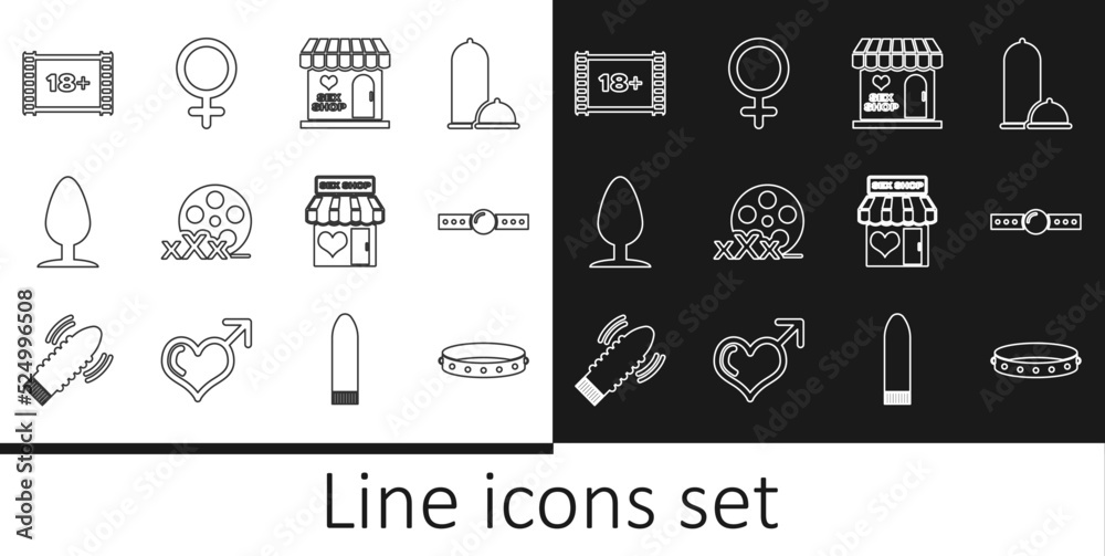 Set line Leather fetish collar, Silicone ball gag, Sex shop building, Film reel with, Anal plug, Play Video 18 plus, and Female gender symbol icon. Vector