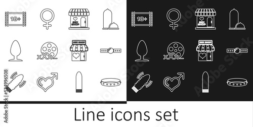 Set line Leather fetish collar, Silicone ball gag, Sex shop building, Film reel with, Anal plug, Play Video 18 plus, and Female gender symbol icon. Vector