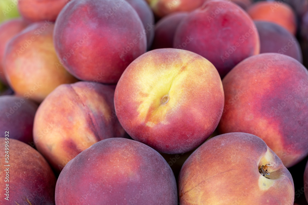 New harvest peaches for sale at city farmers market New harvest peaches for sale at city farmers market