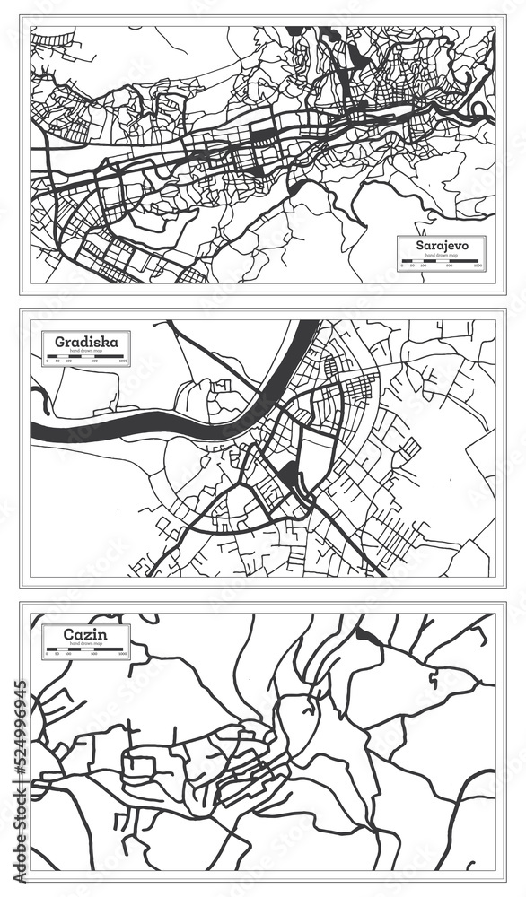 Obraz premium Gradiska, Cazin and Sarajevo Bosnia and Herzegovina City Map Set.