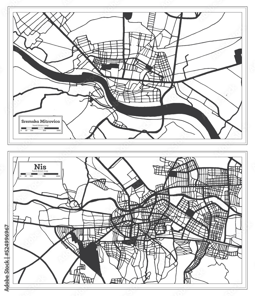 Obraz premium Nis and Sremska Mitrovica Serbia City Map Set.