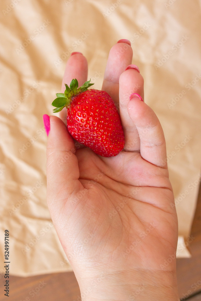 Fototapeta premium One red strawberry in woman hand