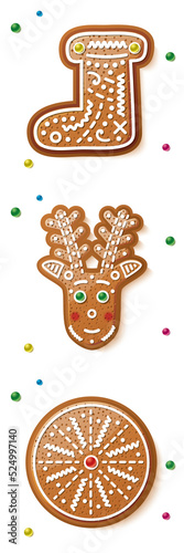Gingerbread Deer, Circle Cookie and Boot Isolated on White.