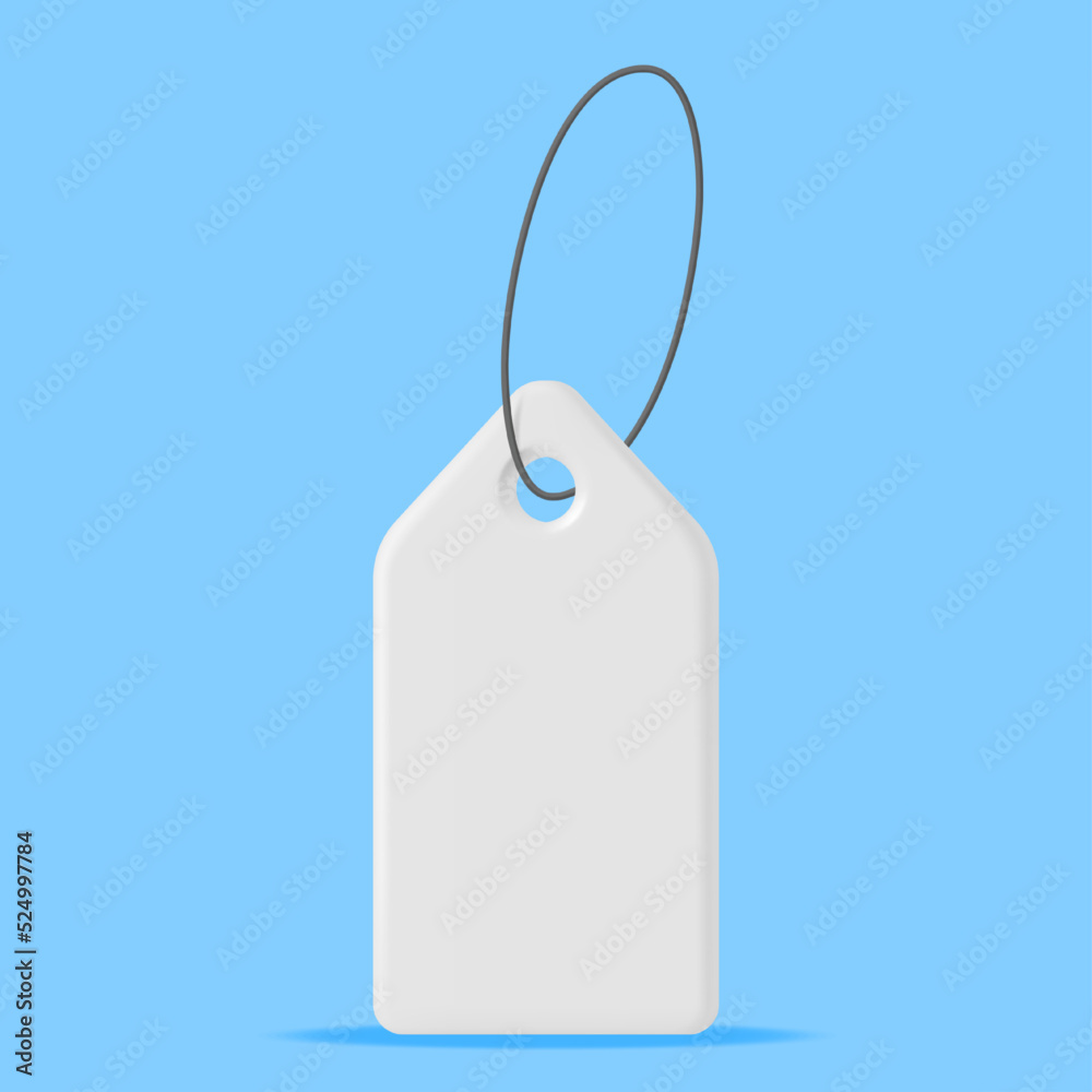 3D White Tag with String Isolated on Blue Background. Render Empty Label. Cardboard Price Tag for Sale. Empty Sticker and Rope. Promo, Sale, Offer or Gift Concept. Vector Illustration
