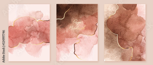 Red, pink, brown  watercolor fluid painting. Vector abstract background design. Set of cards, covers, flyers with hand painted yexture and golden waves.