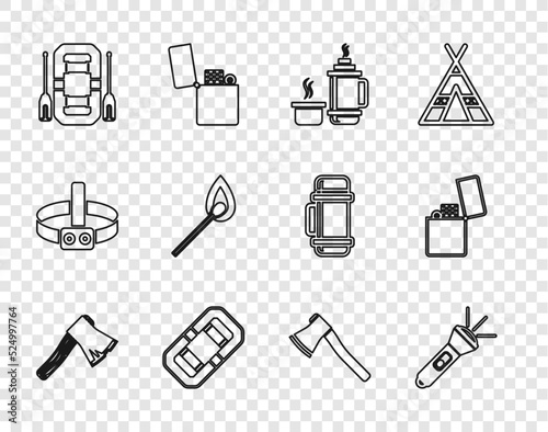 Set line Old wooden axe, Flashlight, Thermos container, Rafting boat, Burning match with fire, Wooden and Lighter icon. Vector