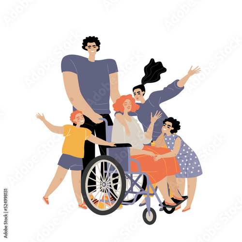 Cute family with mom in wheelchair. Lifestyle of people with disabilities.