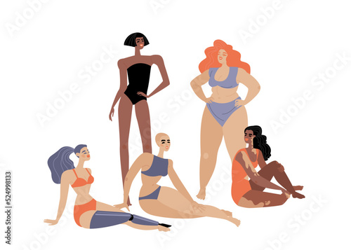 Beauty diversity concept with cute girls with different body shape, skin color, hair and leg prosthesis