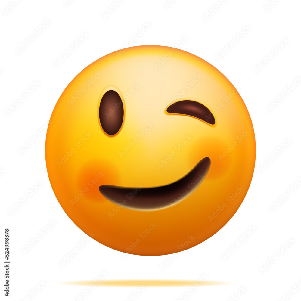 3D Yellow Happy Emoticon with Winking Face Isolated on White. Render Slightly Winking Emoji. Happy Face Simple. Communication, Web, Social Network Media, App Button. Realistic Vector Illustration 3D Yellow Happy Emoticon with Winking Face Isolated on White. Render Slightly Winking Emoji. Happy Face Simple. Communication, Web, Social Network Media, App Button. Realistic Vector Illustration