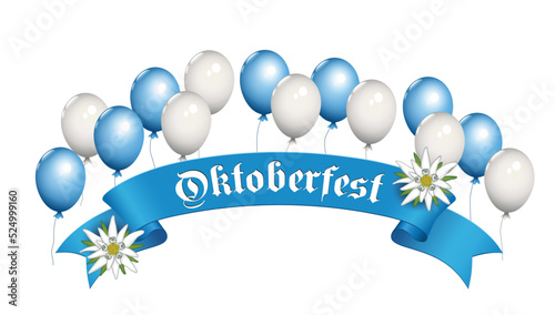 Oktoberfest Banderole mit Edelweiß und 
fliegende weiße und blaue Helium Luftballons,
Vektor Illustration isoliert auf weißem Hintergrund
