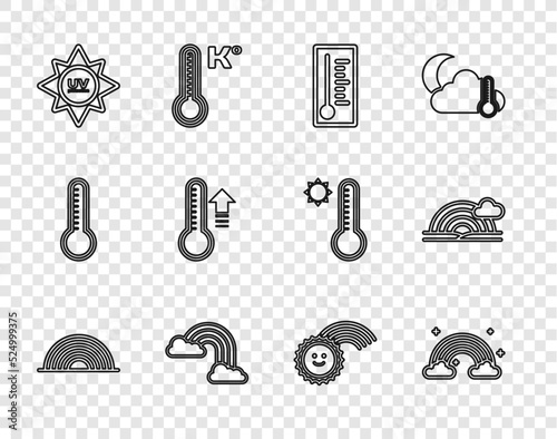 Set line Rainbow, with clouds, Meteorology thermometer, UV protection, sun and icon. Vector