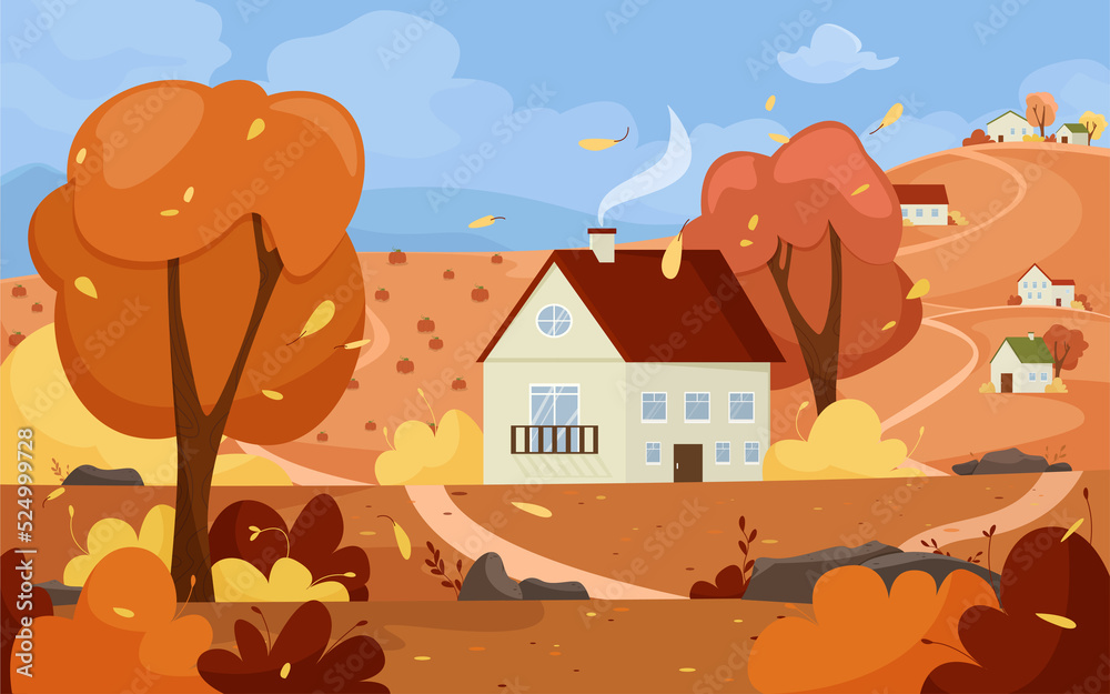 Autumn landscape . Trees with falling leaves, mountains, houses and pumpkin harvest.Vector illustration of nature and forest. Autumn palette.