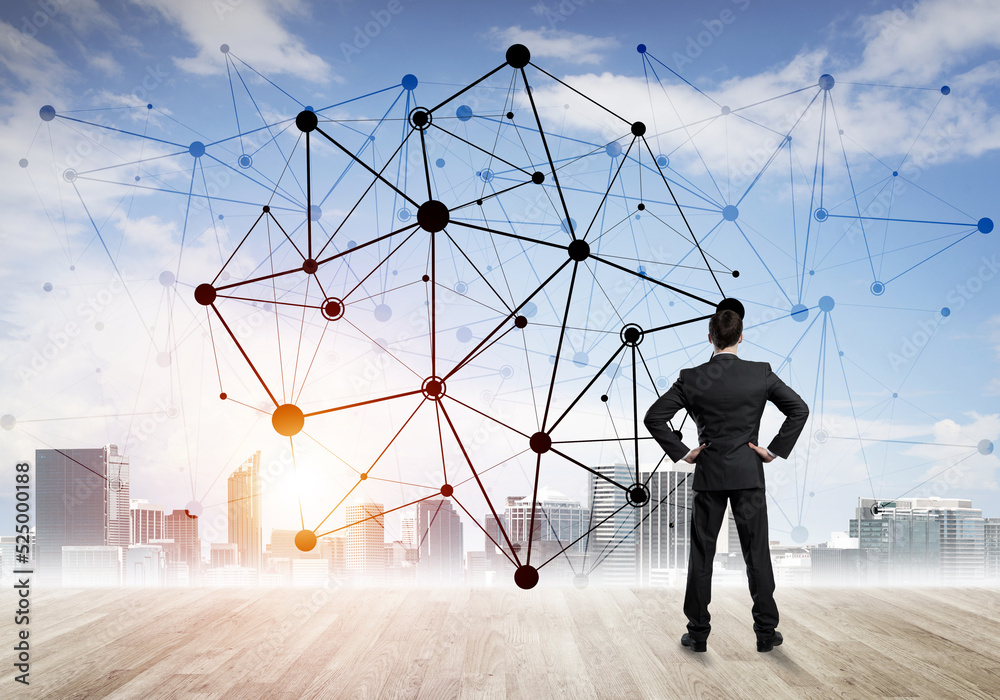 International business networking and social connection against modern city background International business networking and social connection against modern city background