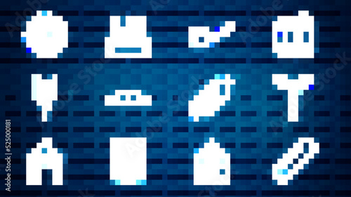 Set line French baguette bread, Sausage on the fork, Smoking pipe, Homemade pie, Wheat, Bottle cap, Salami sausage and Pack of beer bottles icon. Vector