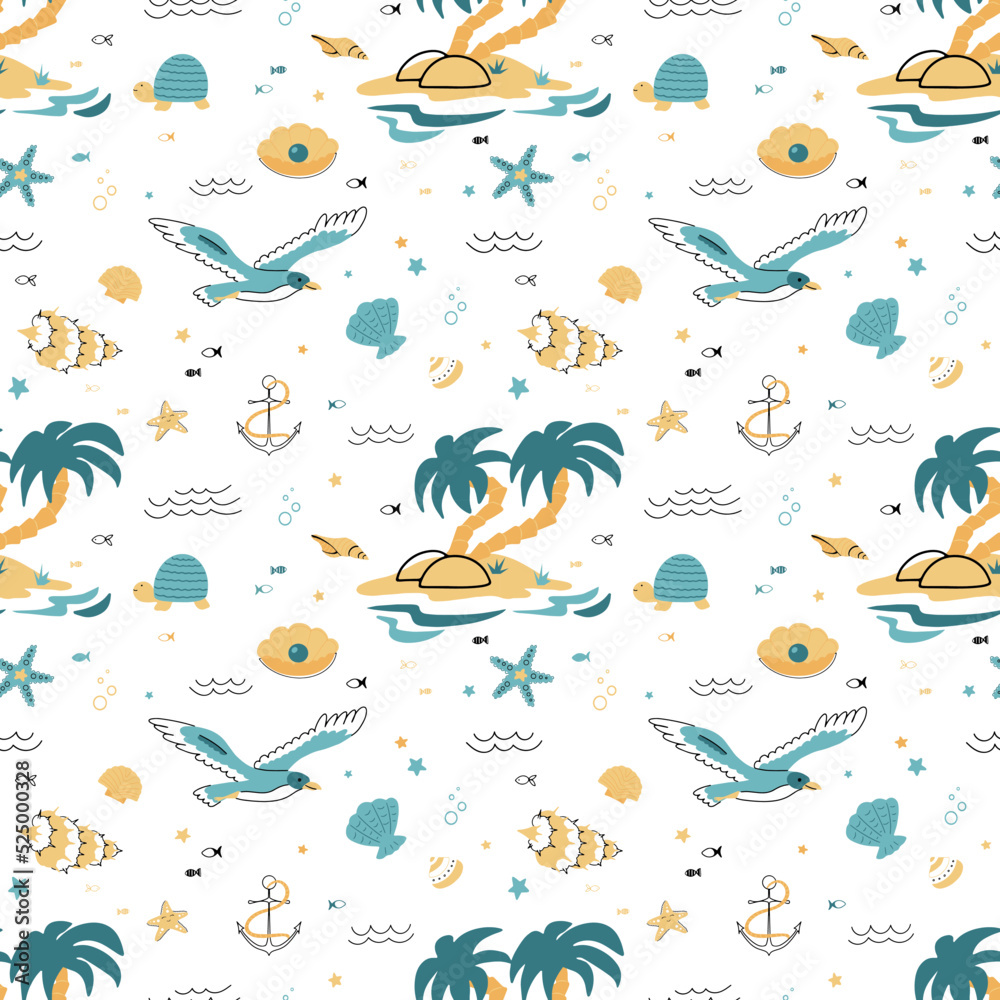 Obraz premium Cute seamless pattern nautical theme. Ocean and sea life background for children