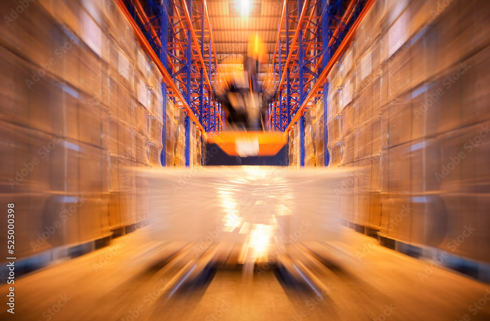 Motion Speed Blurred of Workers Driving Forklift Pallet Jack Unloading Cargo Boxes Pallet