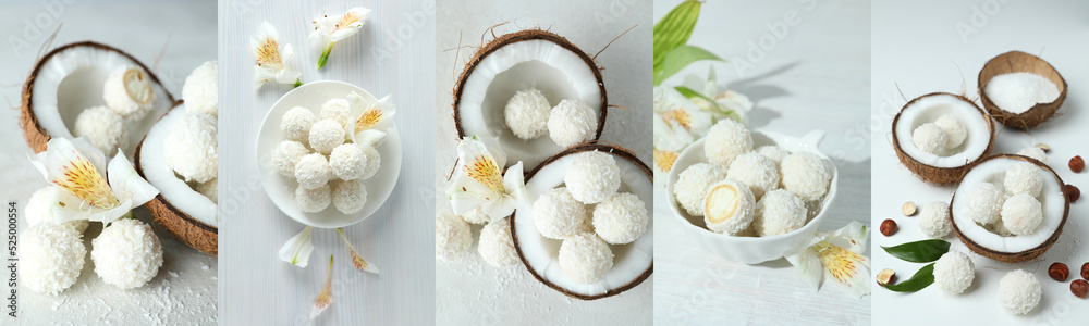 Photo collage of compositions with coconut candies