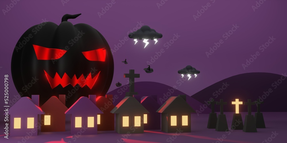 Happy Halloween background purple tone with black giant pumpkins, lighting, cross, and witch hat 3d illustration trick or treat