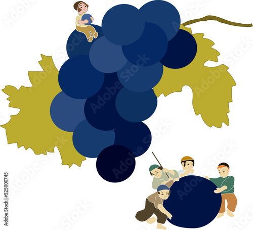 Wine, kid on grapes, drinking grape juice vector illustration. Little boy with grapes fruits. Food illustration. Season of collecting harvest, grape for wine festive. Health and diet of fruits.