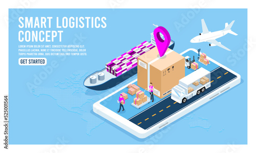 Isometric 3D Smart global logistics delivery tracking system on smartphone concept with export, import, warehouse business and transportation. Eps10 vector illustration