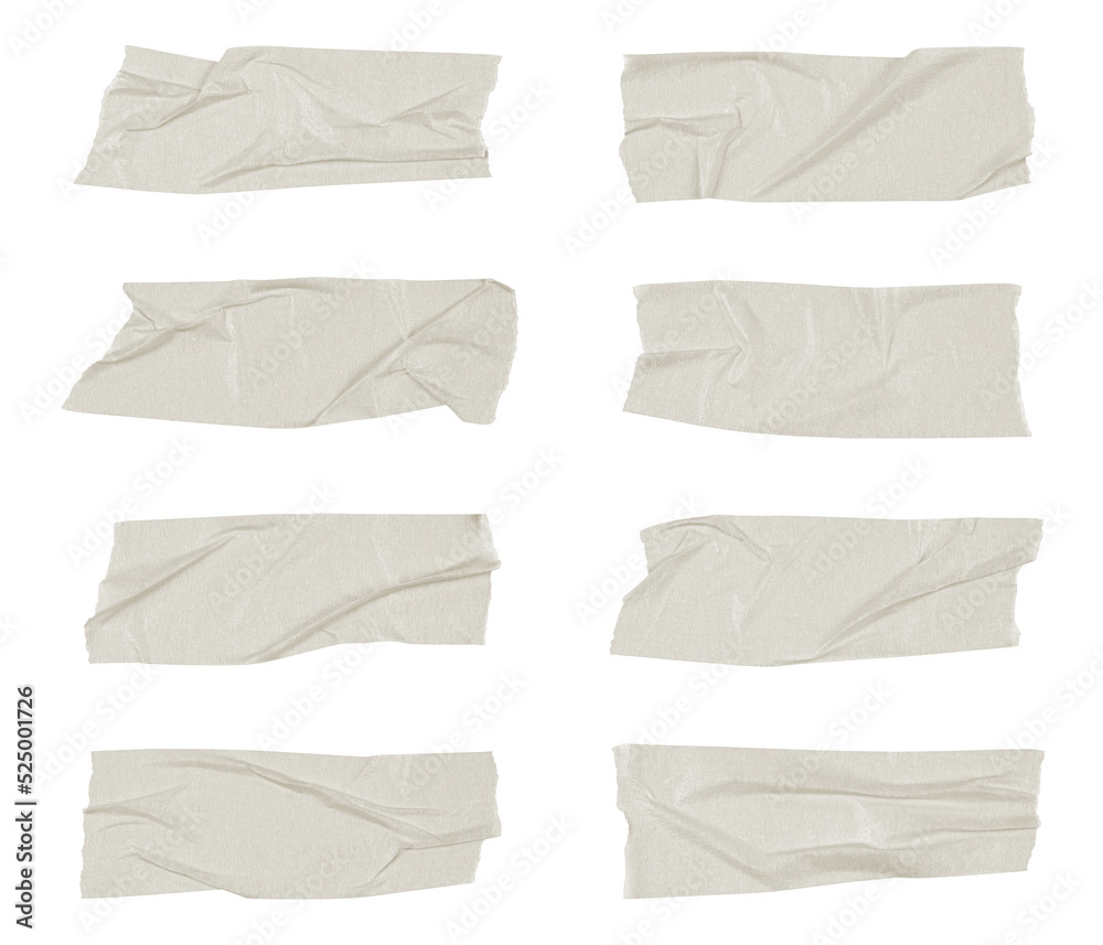 White scotch tape on white background, crumpled sticky tape, different sizes. White scotch tape on white background, crumpled sticky tape, different sizes.