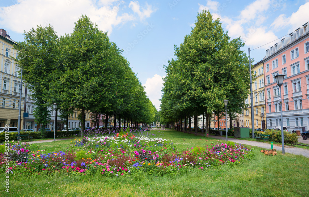 Naklejka premium recreational park Bordeauxplatz, munich city district haidhausen, with tree alley and flower bed