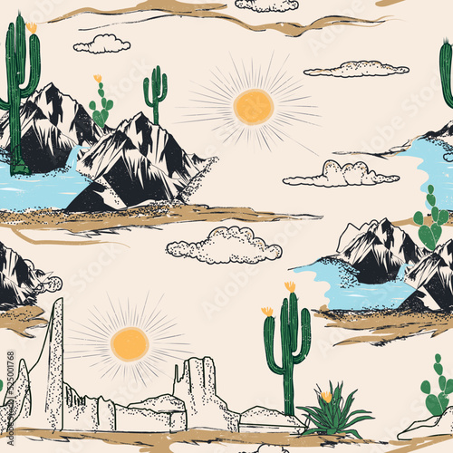 desert vector Pattern, mountain, cactus, sea, sky, sun, Seamless pattern vector summer cactus on desert mix with beautiful blooming succulents flower for fashion fabric and all prints, Cactus seamless