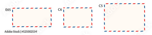 Air mail letter frames set. Airmail border with red and blue stripes. Retro vintage blank envelope template. Euro envelope E65. Vector illustration isolated on white background.