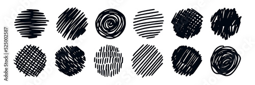 Hand drawn scribble circle bubbles. Grunge round shapes. Circle pencil sketch. Doodle circular design elements. Vector illustration isolated on white background.