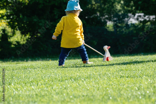 Rear view of carefree young toddler boy with classic push pull duck toy in green garden lawn field