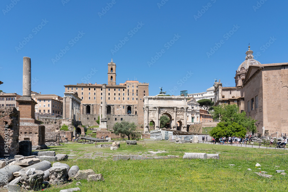 View of the Foro Romano with the Tabularium and Arco di Settimio Severo in Rome